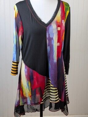 Lior Paris Colorful Abstract Pattern V-Neck Tunic Top, Size Large